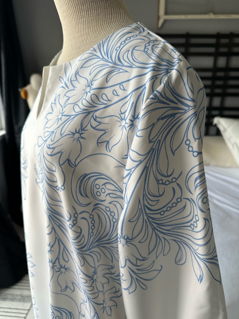 White Tunic Dress with Delicate Blue Floral Print, size large - Picture 6 of 10